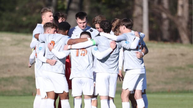 The Virginia men's soccer team huddles before its NCAA Tournament first round game against Marshall at Klockner Stadium.